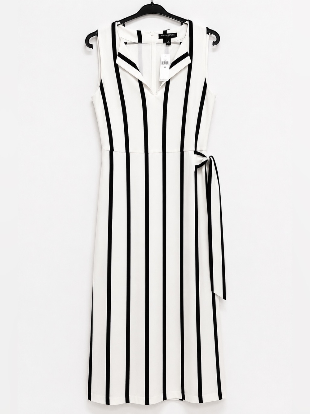 Banana Republic Size 12 NWT Black White Striped Belted Midi Dress